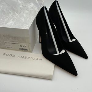 Good American Suede Upper Bonded Leather Sole Black New N Box High 4” Heel 8 1/2